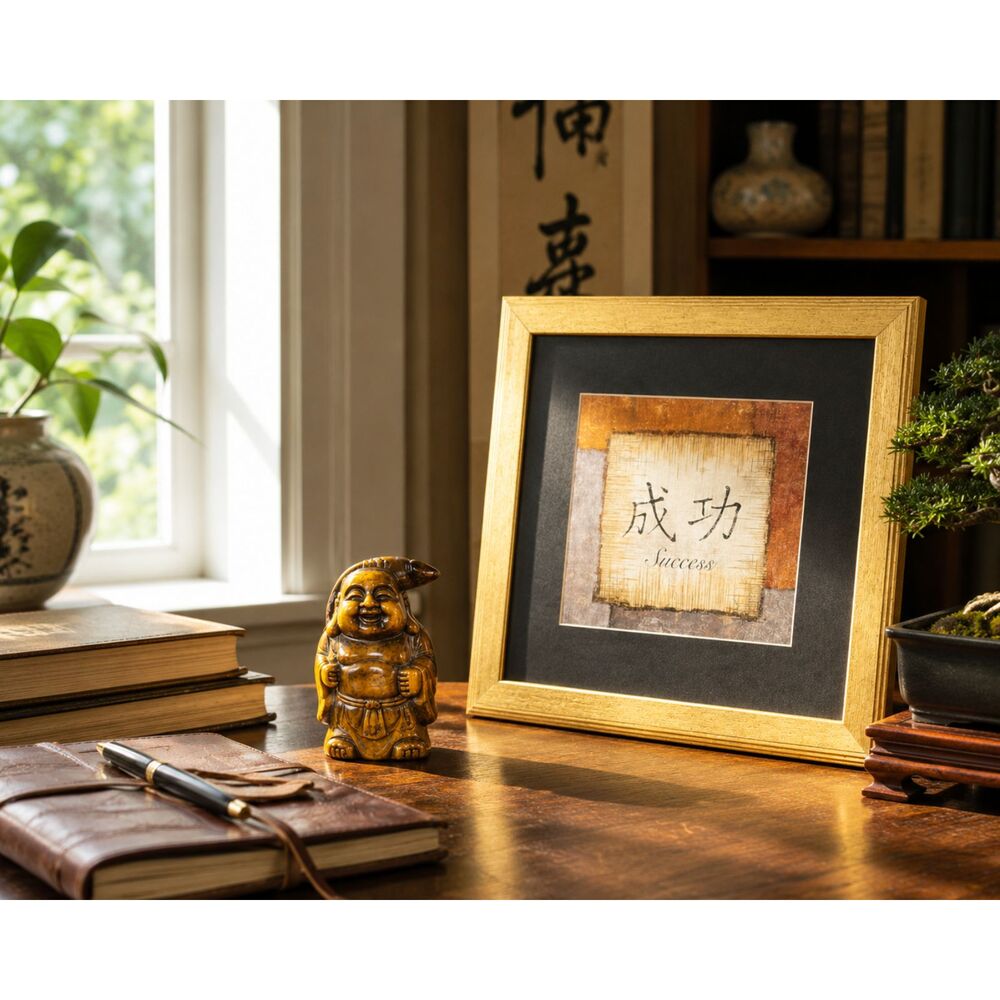 Tiger's Eye Stone Daikoku Figure & Framed Kanji frame Japanese Prosperity bundle